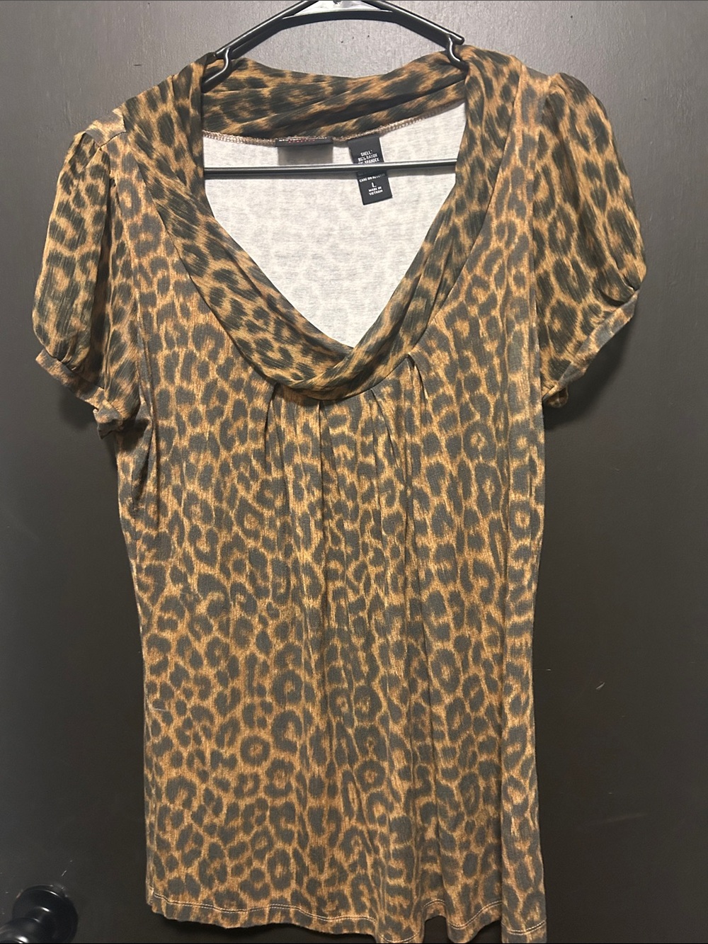 Leopard Print Cowl Neck Short Sleeve Top - Brown